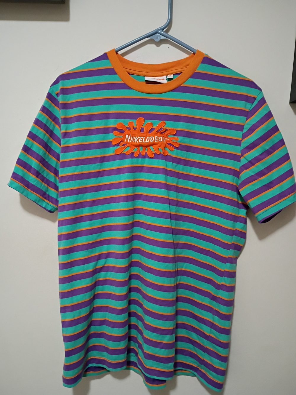 Nickelodeon Size Medium Striped Tee in Purple & Teal with Orange Logo